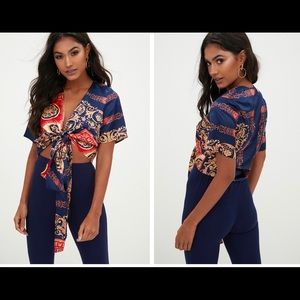 Blue Scarf Print Short Sleeve Tie Front Blouse